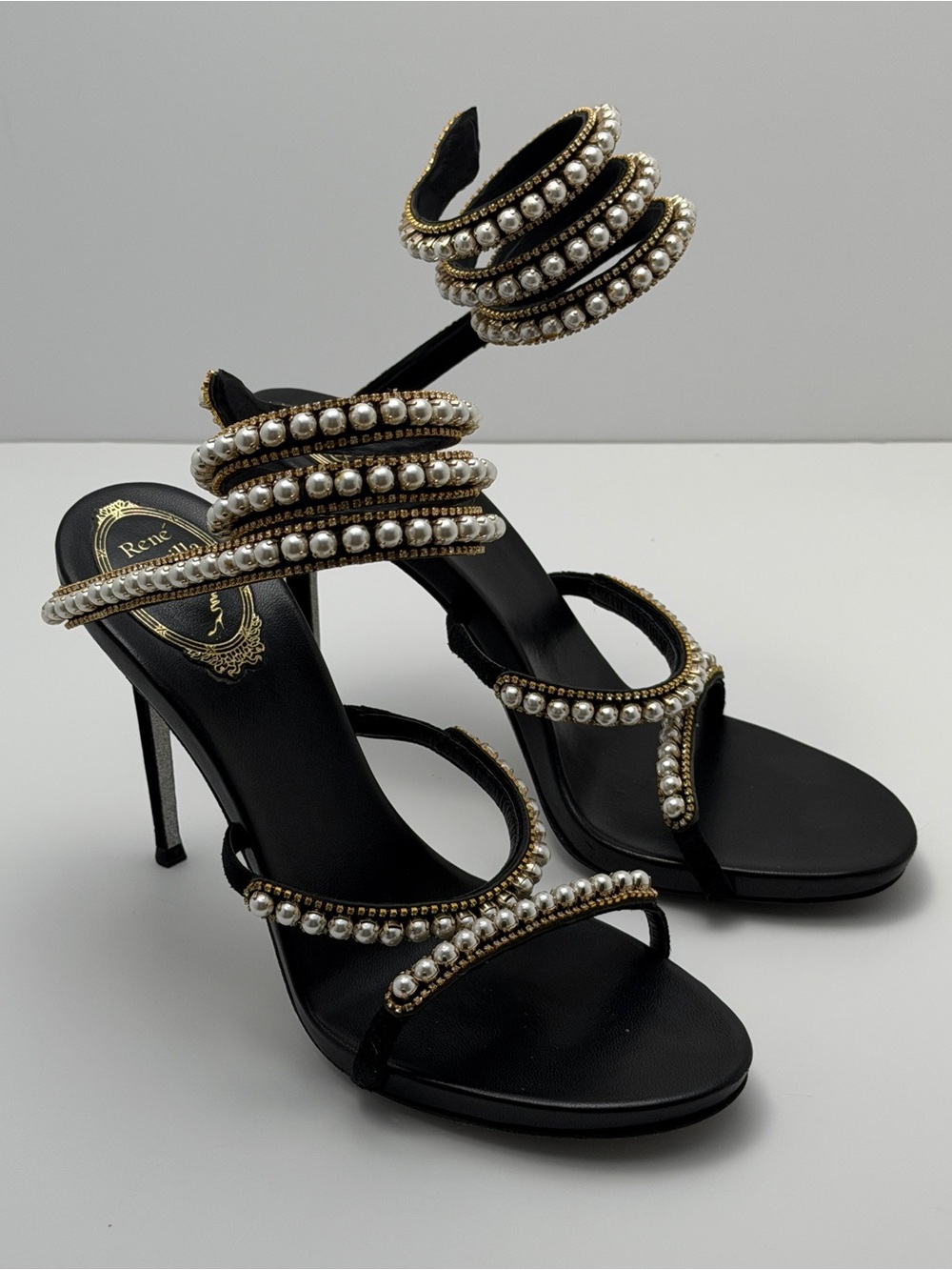 Rene Caovilla Black Pearl & Gold-Trim Spiral Strap Stilettos Pre-Owned EU38